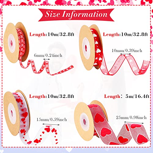 4 Rolls Valentine's Day Wired Ribbon Heart Wired Edge Ribbon Printed Heart Ribbon Polyester Wrapping Ribbon for DIY Craft Wrapping Wedding Valentine's Day Decoration, 11 Yards, 5.5 Yards