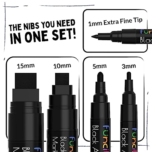 Funcils 5 Acrylic Black Paint Pen - Fine Tip, Thin Point & Jumbo Pens (1mm, 3mm, 6mm, 10mm, 15mm) - Black Paint Marker for Plastic, Canvas, Wood, Rock Painting, Fabric, Tire, Metal, Glass