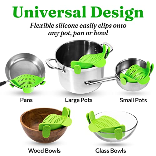 Kitchen Gizmo Snap N Strain Pot Strainer and Pasta Strainer Cooking Gadgets - Adjustable Silicone Clip On Strainer for Pots, Pans, & Bowls - Perfect Cooking Gifts for Women, Kitchen Gifts - Lime Green