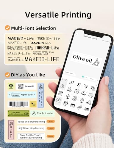 Makeid Label Maker Machine with Tape - Compatible with 9/12/16mm Waterproof Tape, Portable & Rechargeable with Built-in Cutter Wireless Label Printer Compatible with Android & iOS Devices