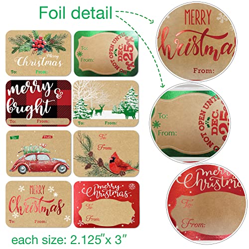 80-Count Foil Kraft Christmas Tags Sticker,8 Jumbo Designs - Xmas to from Christmas Stickers Name Tags Write On Labels - Holiday Present Labels
