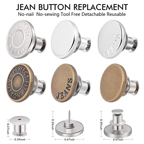 12 Sets Button Pins for Loose Jeans, No Sew and No Tools Instant Replacement Snap Tack Pant Button, Ceryvop Reusable and Adjustable Metal Pants Button Tightener