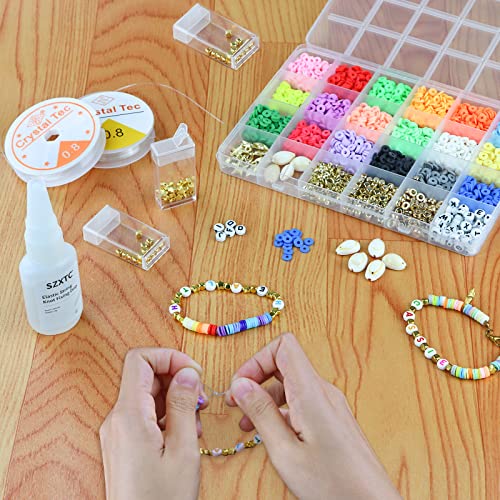 2 Pcs Clay Beads Bracelets Professional Elastic String Kont Fixing Drip, Keep Stretch String Braclet Stay Tied for Flat Round Polymer Heishi Beads Spacer Charm Jewelry Making Kit