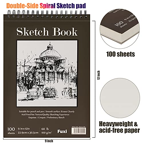 9" x 12" Sketch Book, Top Spiral Bound Sketch Pad, 2 Packs 100-Sheets Each (68lb/100gsm), Acid Free Art Sketchbook Artistic Drawing Painting Writing Paper for Kids Adults Beginners Artists