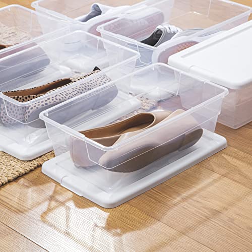 Sterilite 6 Qt Storage Box, Stackable Bin with Lid, Plastic Container to Organize Shoes and Crafts on Closet Shelves, Clear with White Lid, 12-pack