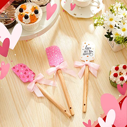 3 Pcs Valentine's Day Silicone Spatulas with Wooden Handles Valentine Pattern Heat Resistant Baking Spatulas Silicone Spatulas with Pink Satin Ribbon Bows for Baking, Cooking and Sauteing
