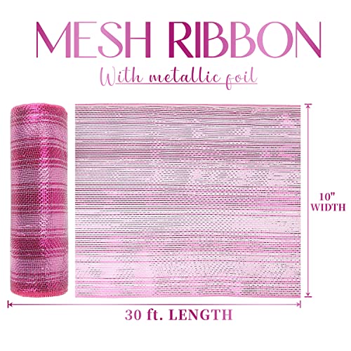 MEEDEE Pink Deco Mesh 10 Inch Valentine Hot Pink Mesh Ribbon Fabric Mesh Roll Decorative Mesh Wreath Supplies for Valentine's Day Wreath Front Door Mesh Wreath (30 Feet)
