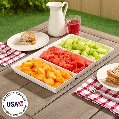 US Acrylic Avant White Plastic Divided Serving Trays (Set of 3) 15” x 10” | Large Reusable 3-Section Party Platters | Serve Appetizers, Fruit, Veggies, & Desserts | BPA-Free & Made in USA