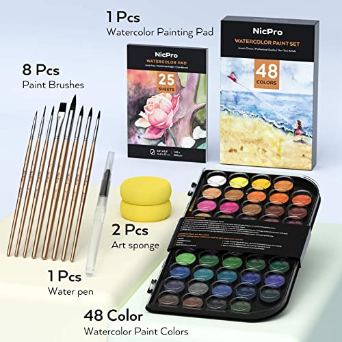 Nicpro Watercolor Paint Set, 48 Water Colors Kit with 8 Squirrel Brushes, Palette, Watercolor Pen, 25 Art Pad Paper, 2 Art Sponges, Non-toxic Painting Supplies for Kids, Adults, Beginners, Artists