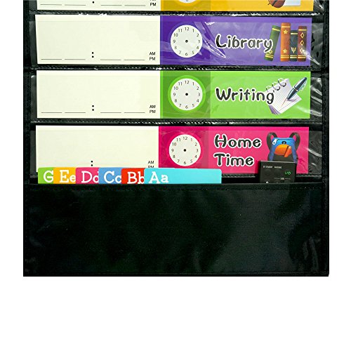 Daily Schedule Pocket Chart, Black Class Schedule with 26 Cards, 13+1 Pockets. 13 Colored + 13 Blank Double-Sided Reusable Cards, Easy Over-Door Mountings Included. (13” x 36”)