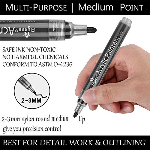 NAWOD Black Paint Pens - 6 Pack Acrylic Black White Permanent Markers, Acrylic Paint Pens for Rock Painting, Wood, Metal, Stone, Ceramic, Glass, Graffiti, Paper, Drawing. Water-based Medium Tip