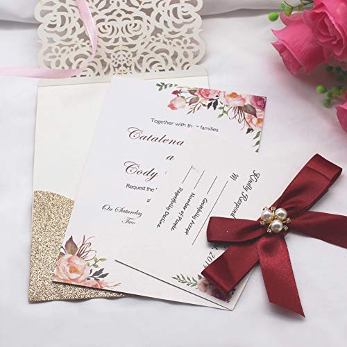 AdasBridal 25Pcs Gold Glitter Laser Cut Invitations with RSVP Cards and Envelopes Luxury Diamond and Ribbon Design with 250GSM Pearl Paper Insert for Wedding Engagement Birthday Quinceanera Invite