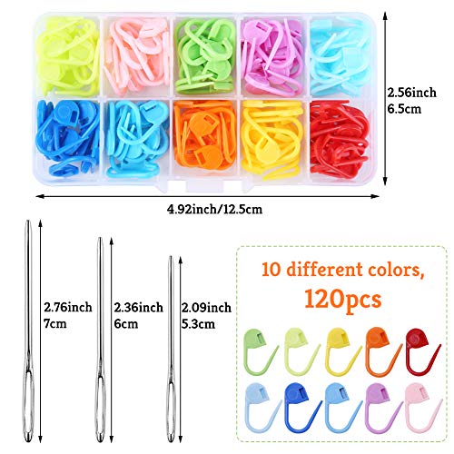 120 Pieces Knitting Crochet Stitch Markers, Colorful Knitting Markers Crochet Clips with 9 Pieces Big Eye Sewing Needles (2inch×3/2.3inch×3/2.7inch×3)