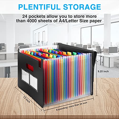 24 Pockets Expanding File Folder with Blank Labels, According File Organizer with Expandable Cover, Desktop Accordion Folders Letter A4 Paper Document Storage Organizer, Black