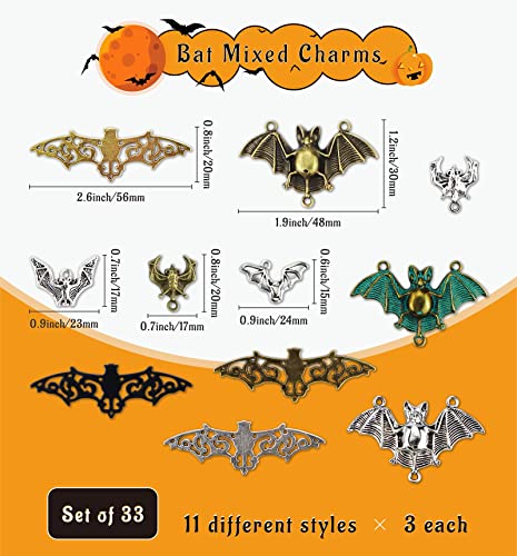 JIALEEY 33PCS Bat Charms Mixed Halloween Spooky Flittermouse Flying Vampire Bat Connector Charms Pendants DIY for Jewelry Making Crafting