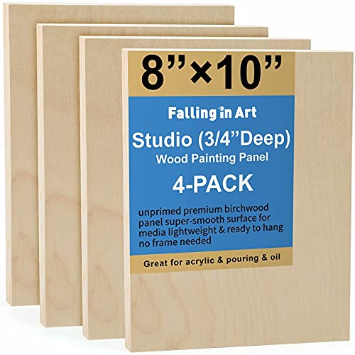Unfinished Birch Wood Canvas Panels Kit, Falling in Art 4 Pack of 8x10’’ Studio 3/4’’ Deep Cradle Boards for Pouring Art, Crafts, Painting and More