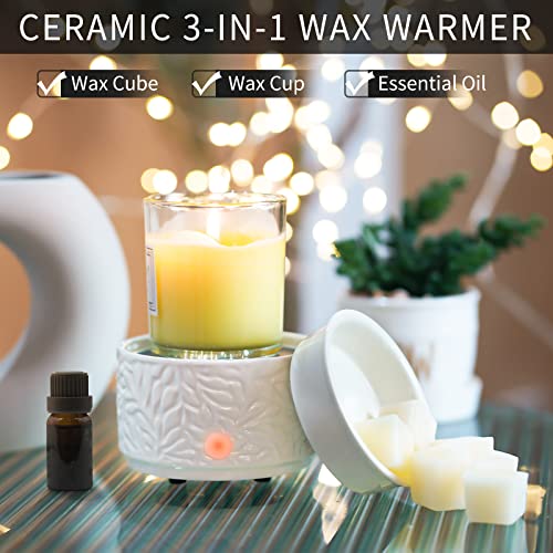 ElusiaKa Wax Melt Burner Ceramic 3-in-1 Oil Burner Electric Wax Melter Fragrance Warmer for Home Office Bedroom Aromatherapy Gift& Décor (White Leaves)