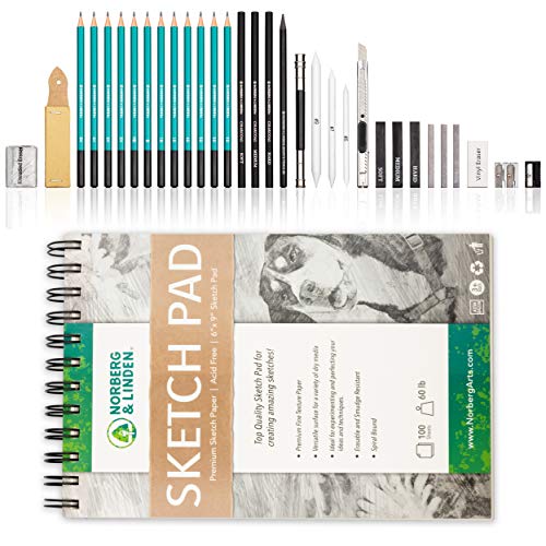 Norberg & Linden XL Drawing Set - Sketching, Graphite and Charcoal Pencils. Includes 100 Page Drawing Pad, Kneaded Eraser, Blending Stump. Art Kit and Supplies for Kids, Teens and Adults.