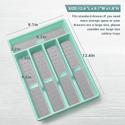 Joequality Silverware Organizer with Icons,Plastic Cutlery silverware Tray for Drawer,Utensil Flatware Tableware Organizer for Kitchen with Non-slip TPR,Fits Standard Drawer,5-Compartment,Light Blue