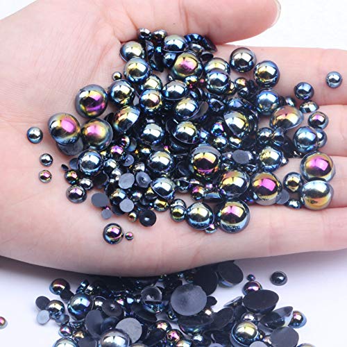 Dowarm 1000 Pieces Flatback Half Pearls, Mixed Size 4/6/8/10/12/14mm Flat Back Round Half Pearls Beads for Crafts Jewelry, Loose Beads Gem (Jet Black AB)