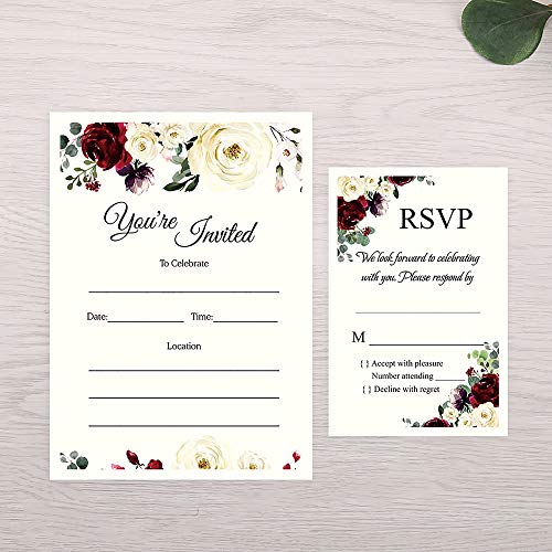 DORIS HOME 25pcs Burgundy Fill-in Invitations Cards with Burgundy Rose and Envelope with Gold Border for Wedding,Engagement Invite