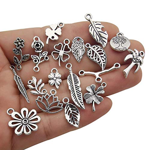 Youdiyla 100pcs Mix Silver Tree Flower Charms Collection, Bulk Mini Small Little Charms Metal Pendant Craft Supplies Findings for Necklace and Bracelet Jewelry Making (HM291)