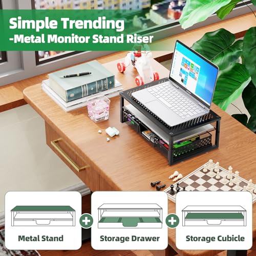 Simple Trending-Metal Monitor Stand Riser and Computer Desk Organizer with Drawer for Laptop, Computer, iMac, Black