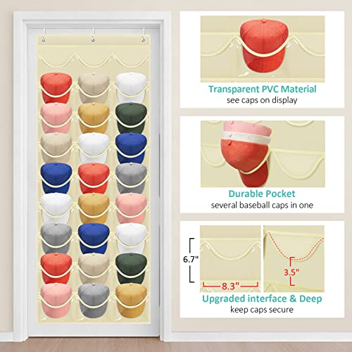 Hat Rack 27 Pockets - Hat Organizer For Baseball Cap - Hat Racks For Baseball Caps Hat Holder Hanging Over The Door Closet, Hat Storage With Large Clear Pockets & 3 Hooks For Baseball Cap& Cowboy Hat