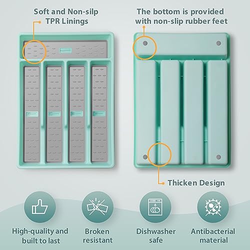 Joequality Silverware Organizer with Icons,Plastic Cutlery silverware Tray for Drawer,Utensil Flatware Tableware Organizer for Kitchen with Non-slip TPR,Fits Standard Drawer,5-Compartment,Light Blue