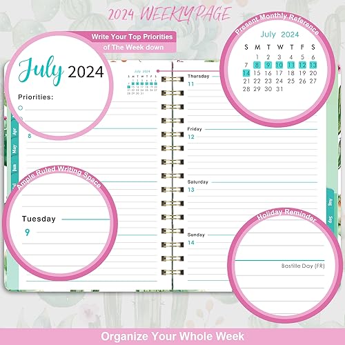 2024 Planner - Planner 2024, Weekly and Monthly Planner, Jan 2024 - Dec 2024, 8.5" x 6.4", Planner with Hardcover, Twin - Wire Binding, Monthly Tabs, Inner Pocket, Elastic Closure, Daily Organizer