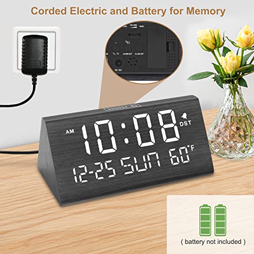 DreamSky Digital Alarm Clocks for Bedrooms - Wooden Electric Clock with USB Ports, Date, Weekday, Temperature, 0-100% Brightness Dimmer, Adjustable Alarm Volume, Snooze, Auto DST