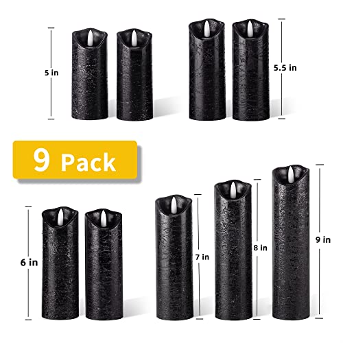 Pandaing Set of 9 Black Regular Textured Flameless Candles Battery Operated LED Real Wax Flickering Electric Candles with Remote Control Timer for Wedding Birthday Halloween Christmas Decorations