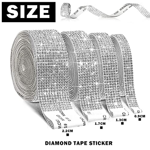 EANLOLY 4 Rolls Self-Adhesive Crystal Rhinestone Ribbon, Diamond Bling Ribbons with 2 mm Rhinestones Sticker for Arts Crafts Wedding Birthday Party DIY Event Car Phone Decoration(Silver)