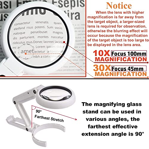 30X 10X Magnifying Glass with Light and Stand, Foldable Handheld Magnifying Glass & 2 Level Dimmable for Close Work, Macular Degeneration, Seniors Reading, Powered by Battery or USB