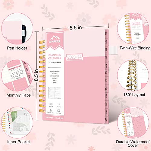 Planner 2023-2024, Academic Planner 2023-2024,Weekly & Monthly Planner, Jul. 2023 - Jun. 2024, AIMPEAK Weekly Planner with Monthly Tabs, Inner Pocket, Pen Loop, Flexible Cover,Spiral Binding, Pink, 5.5"x8.5"