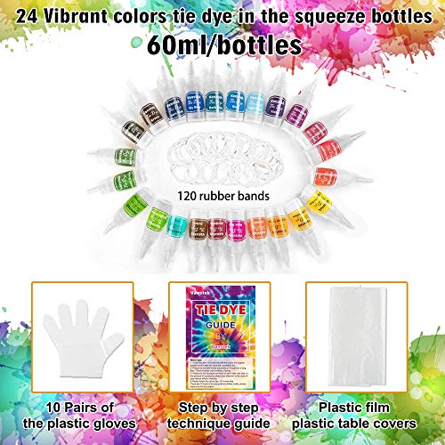 Vanstek Tie Dye Kit, 24 Colors Tie Dye Shirt DIY Fabric Dye for Women, Kids, Men, with Rubber Bands, Gloves, Plastic Film and Table Covers for Family Friends Group Party Supplies