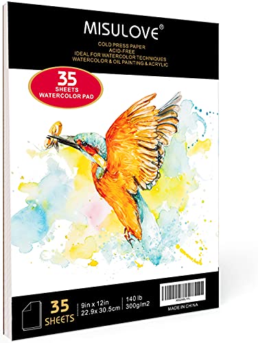 MISULOVE Watercolor Pads, 9x12", Glue Bound, Acid-Free Paper, 35 Sheets (140lb/300gsm), Art Sketchbook for Painting & Drawing with Most Wet & Dry Media, Ideal for Beginners, Artists & Professionals