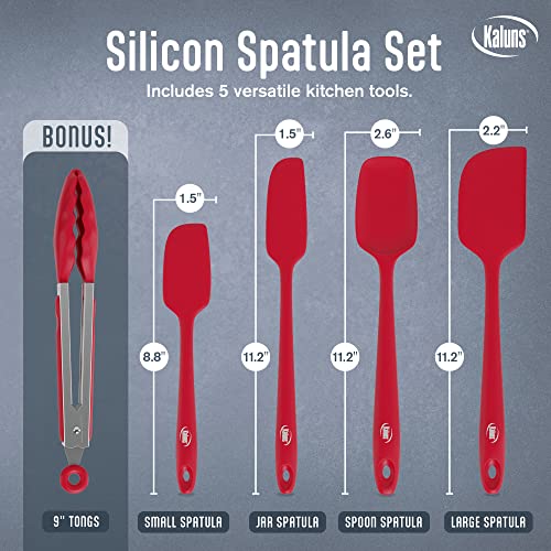 Kaluns Silicone Spatula Set 5 Pcs Rubber Spatulas Silicone Heat Resistant 600°F, Spatulas for Nonstick Cookware, Seamless Design with Stainless Steel Core, Dishwasher Safe, Bonus Tongs Included