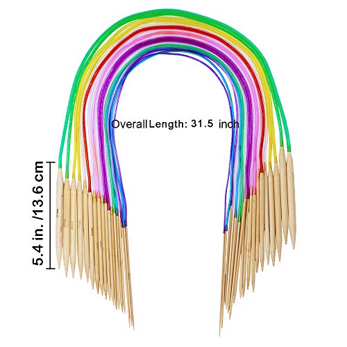 Bamboo Knitting Needles Set, Exquiss 18 Pairs Circular(31.5”) Wooden Knitting Needles with Colored Plastic Tube, 36PCS Single Pointed Bamboo Knitting Needles(9.5”), Include Knitting Tools for Weaving