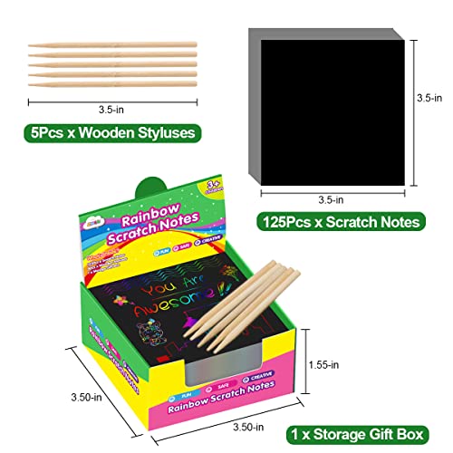 ZMLM Rainbow Scratch Mini Art Notes - 125 Magic Note Pads Cards Sheets for Kids Black Crafts Arts DIY Party Favor Supplies Kit Birthday Game Toy Gifts Box Girls Boys Halloween