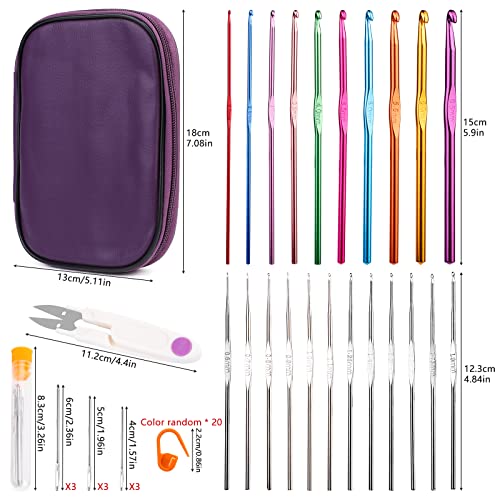 IMZAY 54 Pcs Crochet Needles Set, Crochet Hooks Kit with Purple Storage Case, Ergonomic Knitting Needles Blunt Needles Stitch Marker DIY Hand Knitting Craft Art Tools for Beginners