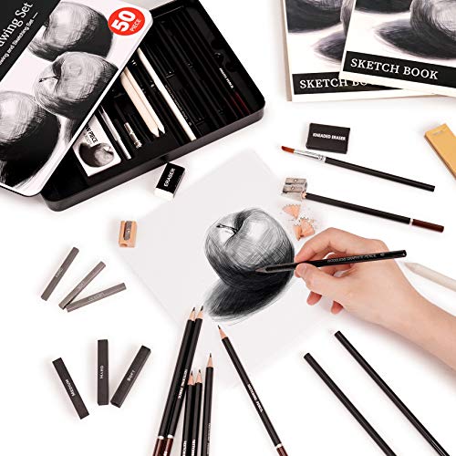 52 Piece Professional Drawing Set with 2 x 50 Page Drawing Pad, Art Supplies, Graphite Drawing Pencils and Sketch Set, Artist Sketching Tools in Tin Box Includes Charcoals,Pastels and Sharpener
