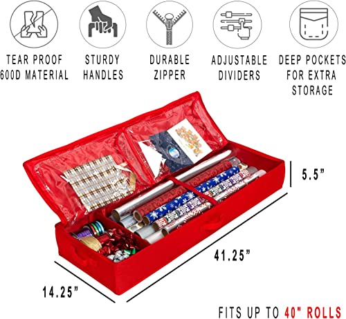 Wrapping Paper Storage Container – Fits up to 27 Rolls 1 3/8” Diam. - Underbed Gift Wrap Organizer Bags, Wrapping Paper Rolls, Ribbon, and Bows - Under Bed- Durable Material 600D - Up to 40" Rolls