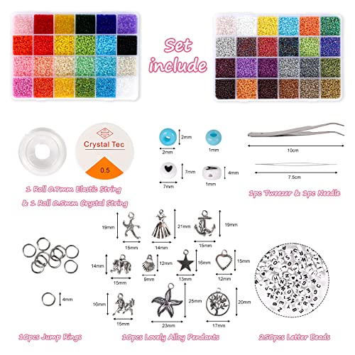 UOONY 35000pcs 2mm Glass Seed Beads for Jewelry Making Kit, 250pcs Alphabet Letter Beads, Tiny Beads Set for Bracelets Making, DIY, Art and Craft with Rolls of Elastic String Cord, Charms and Rings