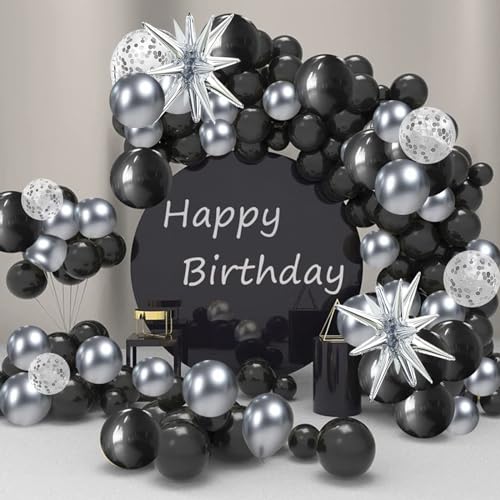 Felice Arts Black and Silver Balloon Garland Arch Kit with Latex Confetti Balloons Silver Explosion Star Balloons for New Year Eve Party Decor Graduation Birthday Wedding Anniversary Party Supplies