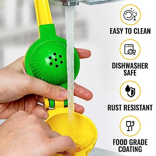 Zulay Metal 2-In-1 Lemon Squeezer Manual - Sturdy, Max Extraction Hand Juicer Lemon Squeezer Gets Every Last Drop - Easy to Clean Manual Citrus Juicer - Easy-to-Use Lemon Juicer Squeezer-Yellow/Green