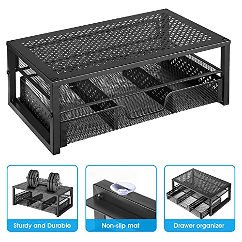 Simple Trending-Metal Monitor Stand Riser and Computer Desk Organizer with Drawer for Laptop, Computer, iMac, Black