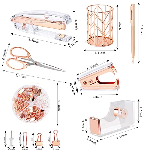 Famassi Rose Gold Desk Accessories,Office Supplies Set Acrylic Stapler Set Staple Remover, Tape Holder, 2 Ballpoint Pen, Scissor, Binder/Paper Clips and 1000pcs Staples.