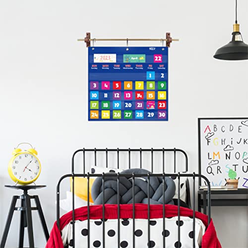 Calendar Pocket Chart, Classroom Monthly Pocket Chart with 76 Cards (68 Illustrated Activity Cards, 8 Dry Erase Blank Cards) Plus 3 Over Door Metal Hangers for Classroom Home Preschool (20" x 19")