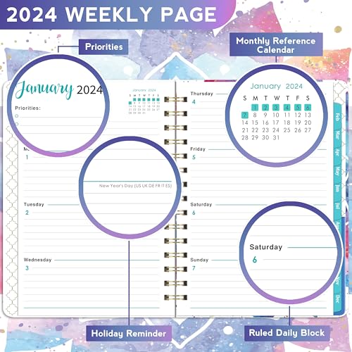 2024 Planner - Weekly & Monthly Planner 2024, 6.4” × 8.5”, Jan 2024 - Dec 2024, Flexible Hardcover, Strong Twin-Wire Binding,12 Monthly Tabs, Inner Pocket, Perfect Organizer